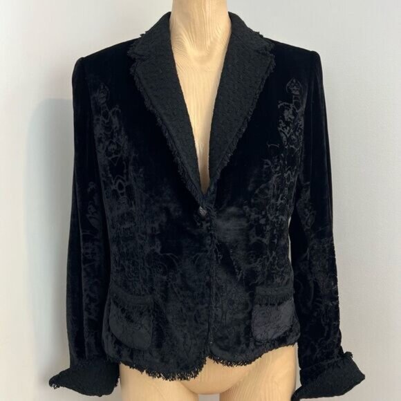 Elie Tahari Black Scroll Velvet Burnout Blazer Brocade Whimsigoth Silk Large - Picture 1 of 16